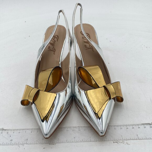 NWOT Silver Pointed Toe Slingback Slip on Dress Pumps Stiletto Heels w/gold bow - Picture 3 of 8
